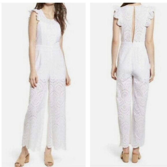 Leith Pants - LEITH White Lace Eyelet Scallop Pant Jumpsuit Size S
